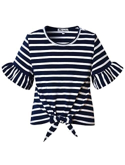 Girl's Short Sleeve Crop Top Tie Front Knot Casual Striped Tops Tee T Shirt 4-13Y