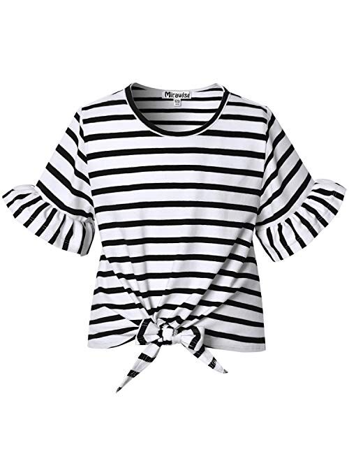 Girl's Short Sleeve Crop Top Tie Front Knot Casual Striped Tops Tee T Shirt 4-13Y