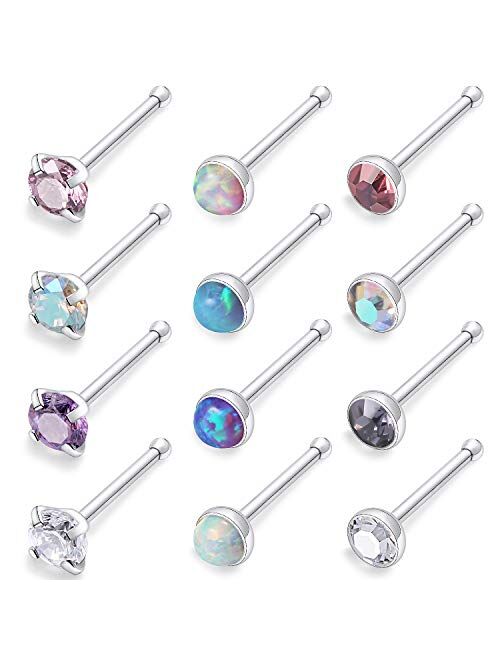 Kridzisw 12 Pcs 18G 20G Nose Rings Studs Surgical Steel Nose Nostril CZ Inlaid 2MM Piercing Jewelry for Women Men Girl