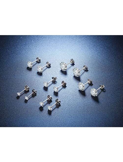 Sterling Silver Studs Earrings, 3-6 Pairs, Round Clear Cubic Zirconia Stud Earrings for Sensitive Ears priercing