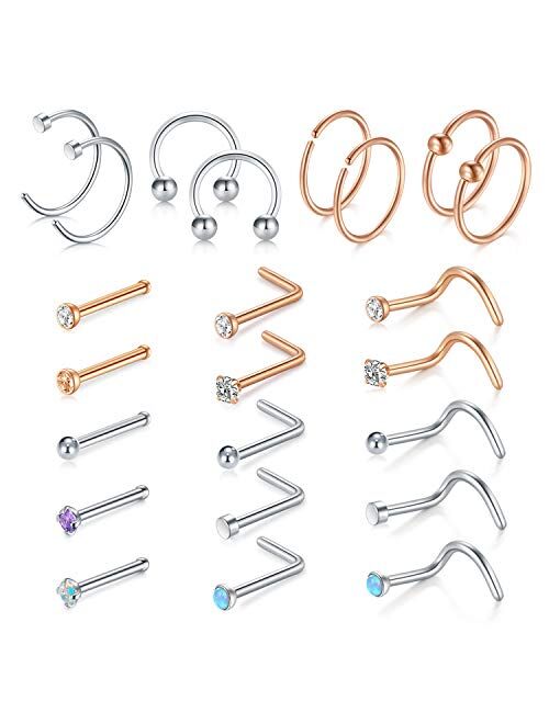 D.Bella 18g Nose Rings Studs L-Shaped Nose Studs Screw Stainless Steel Nose Rigns Piercing Jewelry Set 36pcs