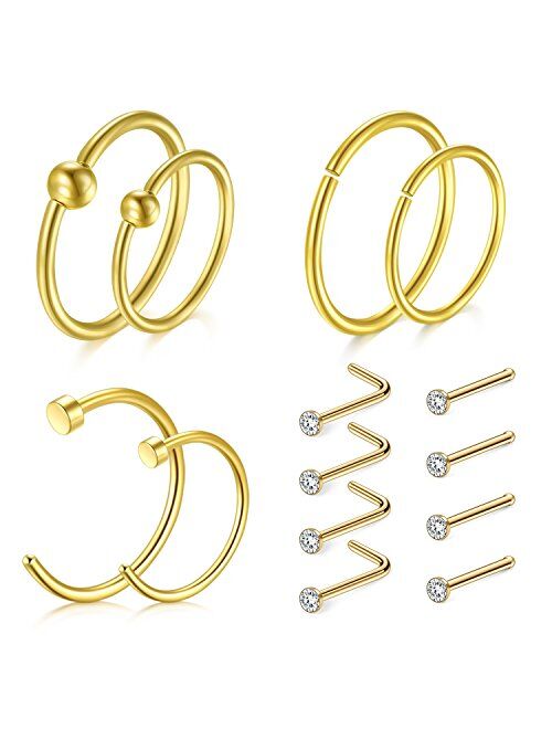 D.Bella 18g Nose Rings Studs L-Shaped Nose Studs Screw Stainless Steel Nose Rigns Piercing Jewelry Set 36pcs