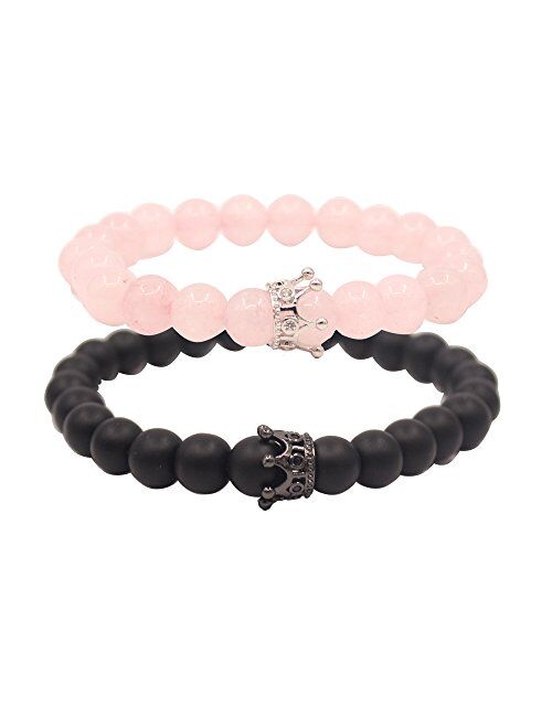 UEUC King&Queen Crown Distance Couple Bracelets His and Her Friendship 8mm Beads Bracelet