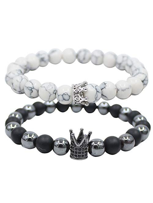 UEUC King&Queen Crown Distance Couple Bracelets His and Her Friendship 8mm Beads Bracelet