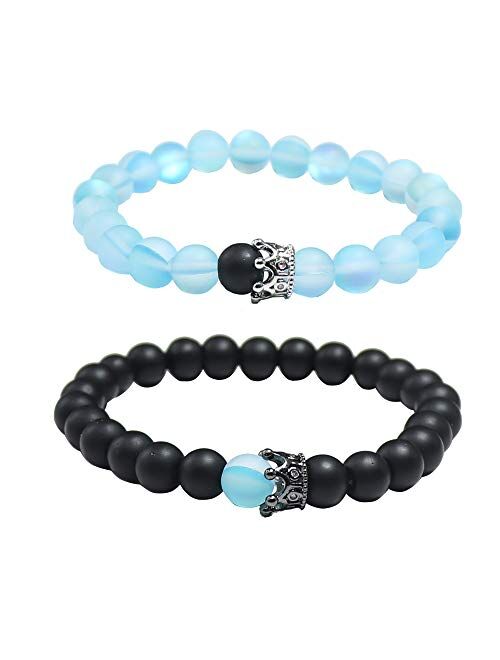 UEUC King&Queen Crown Distance Couple Bracelets His and Her Friendship 8mm Beads Bracelet