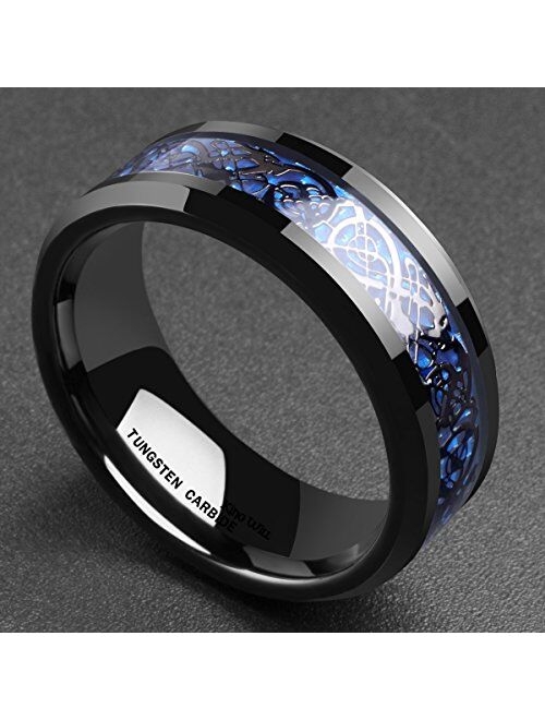 King Will DRAGON Men Tungsten Carbide Ring 8mm Silver/Blue/Black Celtic Dragon Wedding Band Polish Finish