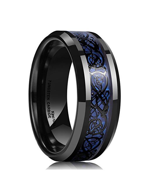 King Will DRAGON Men Tungsten Carbide Ring 8mm Silver/Blue/Black Celtic Dragon Wedding Band Polish Finish