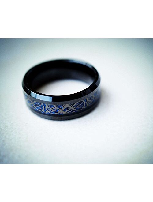 King Will DRAGON Men Tungsten Carbide Ring 8mm Silver/Blue/Black Celtic Dragon Wedding Band Polish Finish