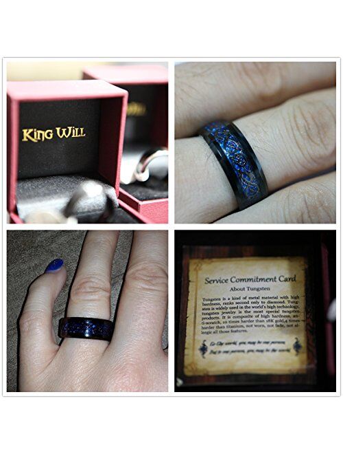 King Will DRAGON Men Tungsten Carbide Ring 8mm Silver/Blue/Black Celtic Dragon Wedding Band Polish Finish