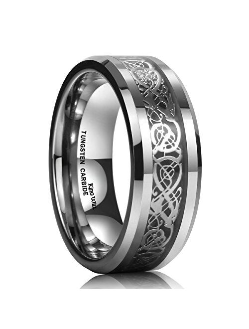 King Will DRAGON Men Tungsten Carbide Ring 8mm Silver/Blue/Black Celtic Dragon Wedding Band Polish Finish