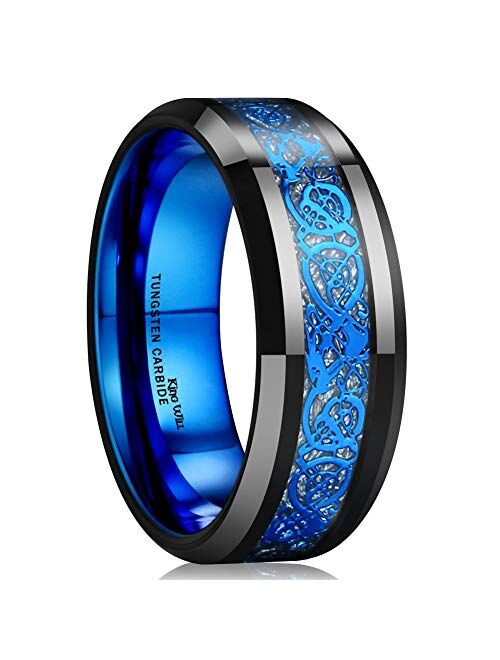 King Will DRAGON Men Tungsten Carbide Ring 8mm Silver/Blue/Black Celtic Dragon Wedding Band Polish Finish