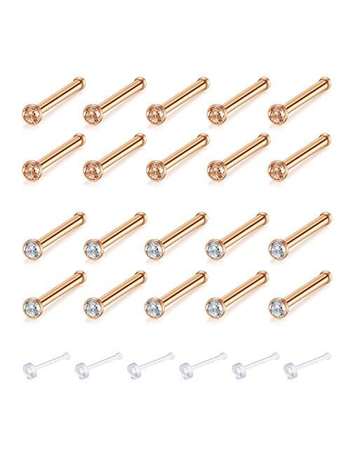 Zolure Surgical Steel Nose Pin Bone Screws Studs 18G 20G 20-32PCS Body Piercing Set Jewelry, Clear Nose Stud Retainer for You