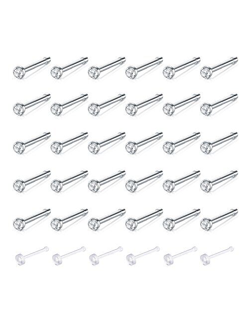 Zolure Surgical Steel Nose Pin Bone Screws Studs 18G 20G 20-32PCS Body Piercing Set Jewelry, Clear Nose Stud Retainer for You