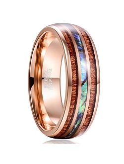 VAKKI 8mm Hawaiian Koa Wood and Abalone Shell/Blue Inlay Tungsten Carbide Rings Wedding Bands for Men Comfort Fit Size 4 to 17