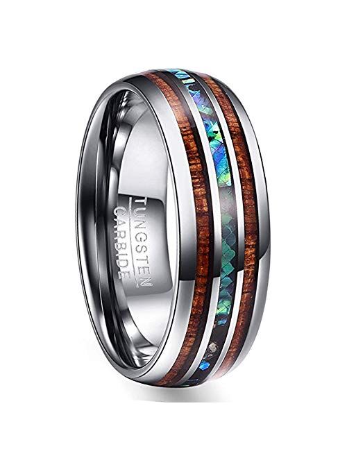 VAKKI 8mm Hawaiian Koa Wood and Abalone Shell/Blue Inlay Tungsten Carbide Rings Wedding Bands for Men Comfort Fit Size 4 to 17