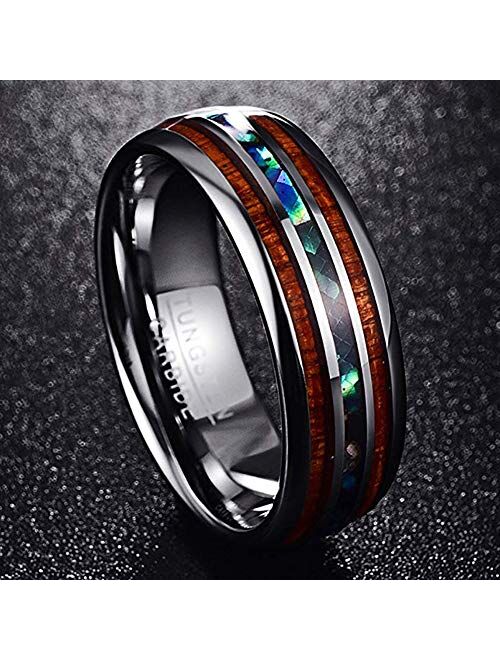 VAKKI 8mm Hawaiian Koa Wood and Abalone Shell/Blue Inlay Tungsten Carbide Rings Wedding Bands for Men Comfort Fit Size 4 to 17