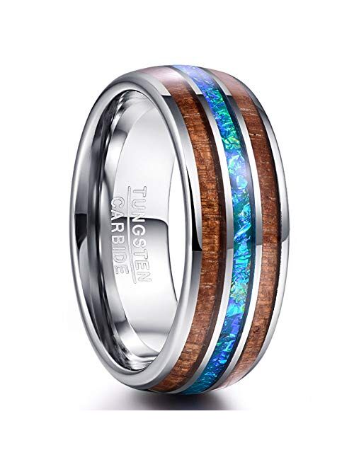 VAKKI 8mm Hawaiian Koa Wood and Abalone Shell/Blue Inlay Tungsten Carbide Rings Wedding Bands for Men Comfort Fit Size 4 to 17