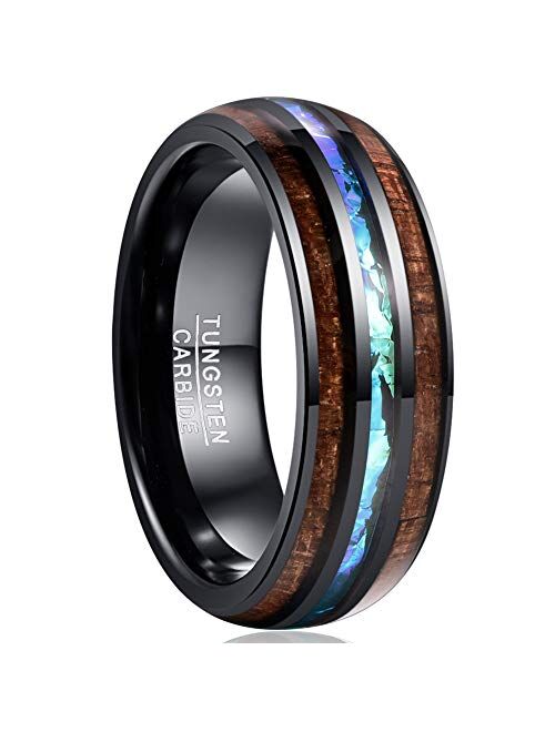 VAKKI 8mm Hawaiian Koa Wood and Abalone Shell/Blue Inlay Tungsten Carbide Rings Wedding Bands for Men Comfort Fit Size 4 to 17