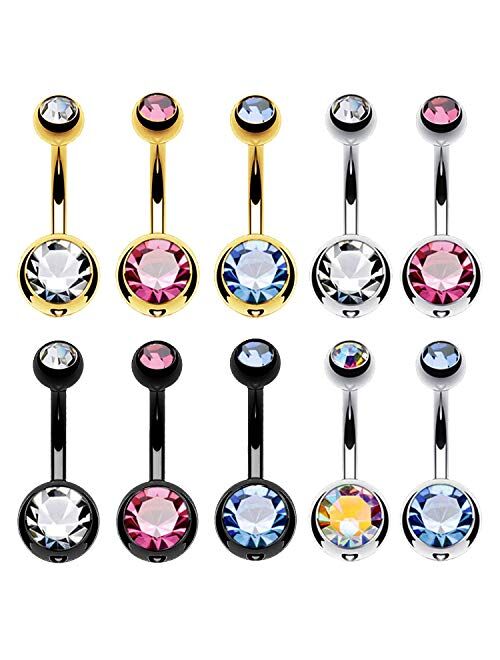 BodyJ4You 10PC Belly Button Ring Double Multicolor CZ Stainless Steel 14G Navel Body Piercing Jewelry