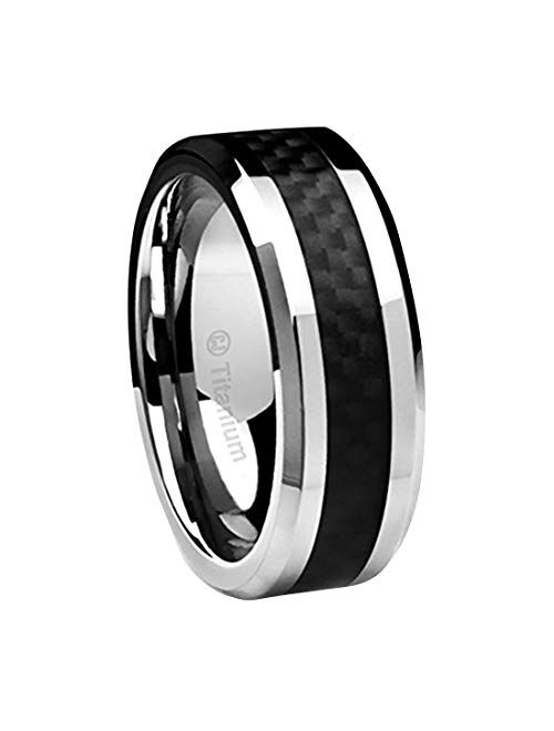 Cavalier Jewelers 8MM Men's Titanium Ring Wedding Band Black Carbon Fiber Inlay and Beveled Edges