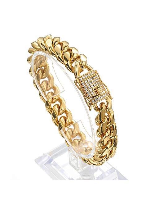 Jxlepe Mens Miami Cuban Link Chain 18K Gold 15mm Stainless Steel Curb Necklace with cz Diamond Chain Choker