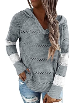 Biucly Women's Lightweight Color Block Knit Hoodies Sweaters Loose Long Sleeve V Neck Drawstring Pullover Sweatshirts(S-3XL)