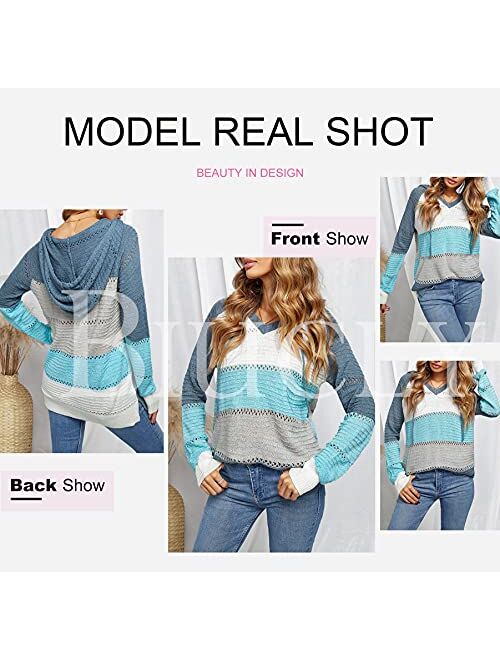 Biucly Women's Lightweight Color Block Knit Hoodies Sweaters Loose Long Sleeve V Neck Drawstring Pullover Sweatshirts(S-3XL)