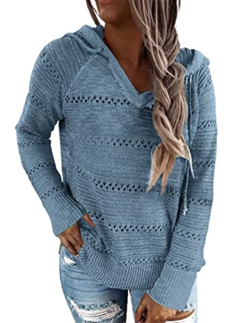 Biucly Women's Lightweight Color Block Knit Hoodies Sweaters Loose Long Sleeve V Neck Drawstring Pullover Sweatshirts(S-3XL)