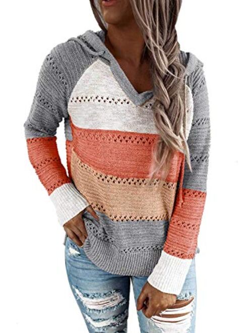 Biucly Women's Lightweight Color Block Knit Hoodies Sweaters Loose Long Sleeve V Neck Drawstring Pullover Sweatshirts(S-3XL)