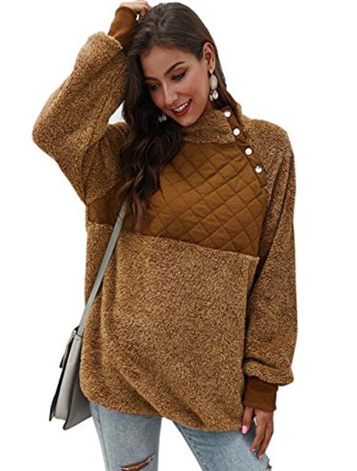 Famulily Women's Long Sleeve Asymmetrical Snap Neck Fleece Pullover Tops Sweater