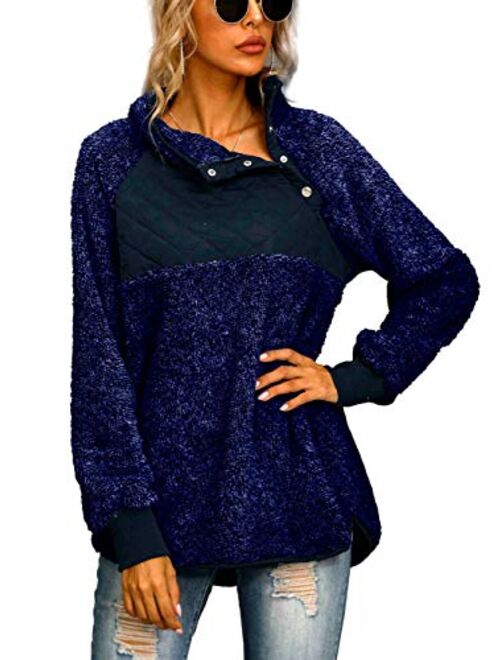 Famulily Women's Long Sleeve Asymmetrical Snap Neck Fleece Pullover Tops Sweater