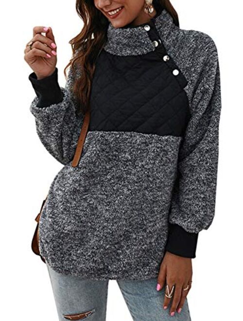 Famulily Women's Long Sleeve Asymmetrical Snap Neck Fleece Pullover Tops Sweater