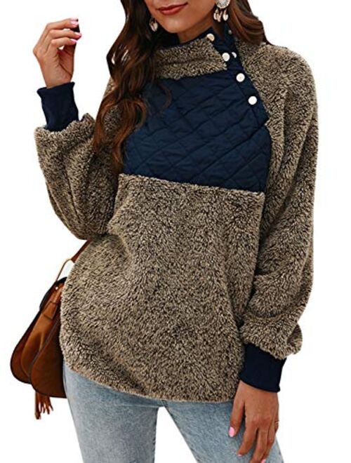 Famulily Women's Long Sleeve Asymmetrical Snap Neck Fleece Pullover Tops Sweater