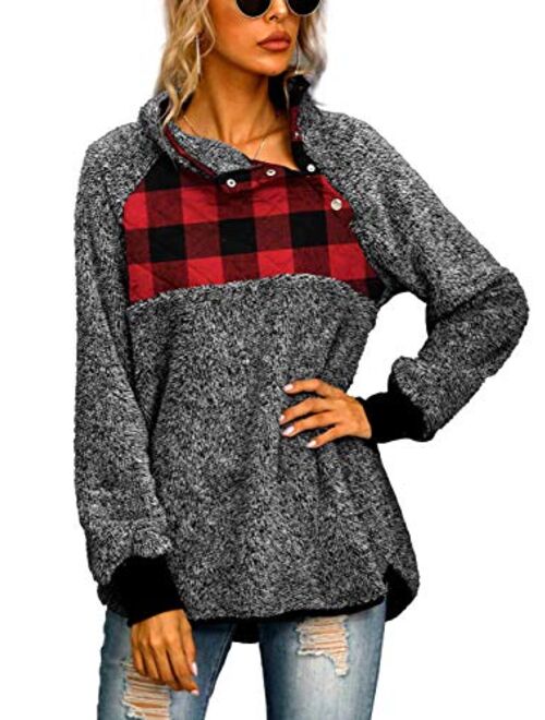 Famulily Women's Long Sleeve Asymmetrical Snap Neck Fleece Pullover Tops Sweater