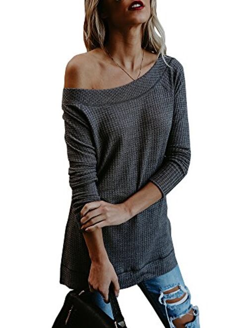 Beautife Womens Sweaters Off Shoulder Casual Oversized Long Sleeve Knit Pullovers Tunic Tops