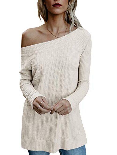 Beautife Womens Sweaters Off Shoulder Casual Oversized Long Sleeve Knit Pullovers Tunic Tops