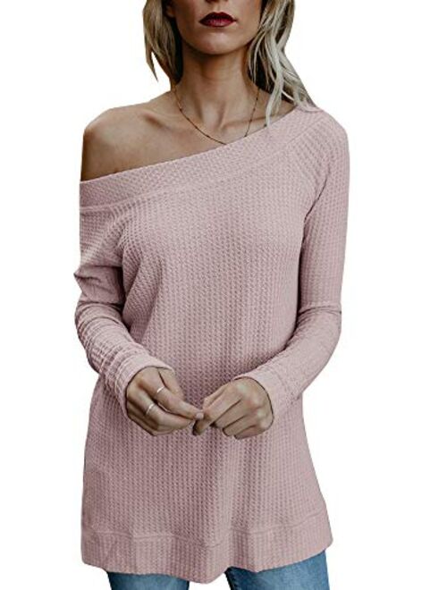 Beautife Womens Sweaters Off Shoulder Casual Oversized Long Sleeve Knit Pullovers Tunic Tops