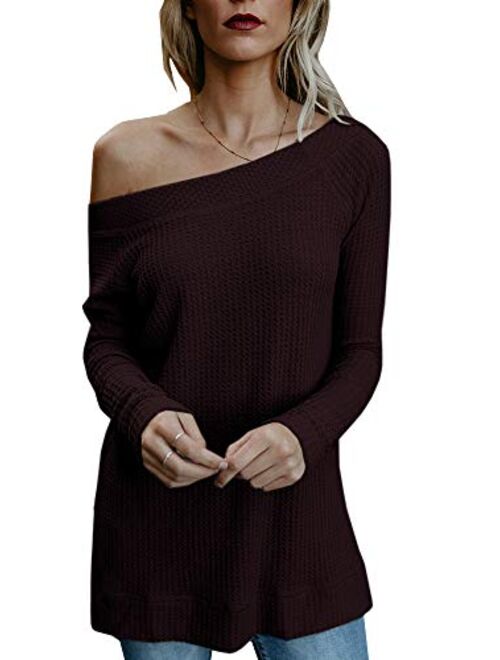 Beautife Womens Sweaters Off Shoulder Casual Oversized Long Sleeve Knit Pullovers Tunic Tops