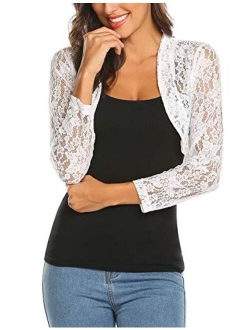 Grabsa Womens 3 4 Sleeve Lace Shrugs Bolero Cardigan Crochet Sheer Crop Jacket