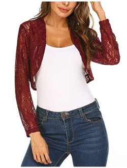 Grabsa Womens 3 4 Sleeve Lace Shrugs Bolero Cardigan Crochet Sheer Crop Jacket