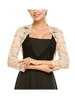 Grabsa Womens 3 4 Sleeve Lace Shrugs Bolero Cardigan Crochet Sheer Crop Jacket