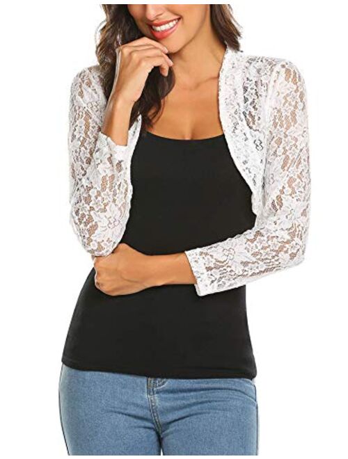 Grabsa Womens 3 4 Sleeve Lace Shrugs Bolero Cardigan Crochet Sheer Crop Jacket