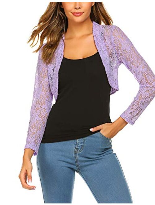 Grabsa Womens 3 4 Sleeve Lace Shrugs Bolero Cardigan Crochet Sheer Crop Jacket