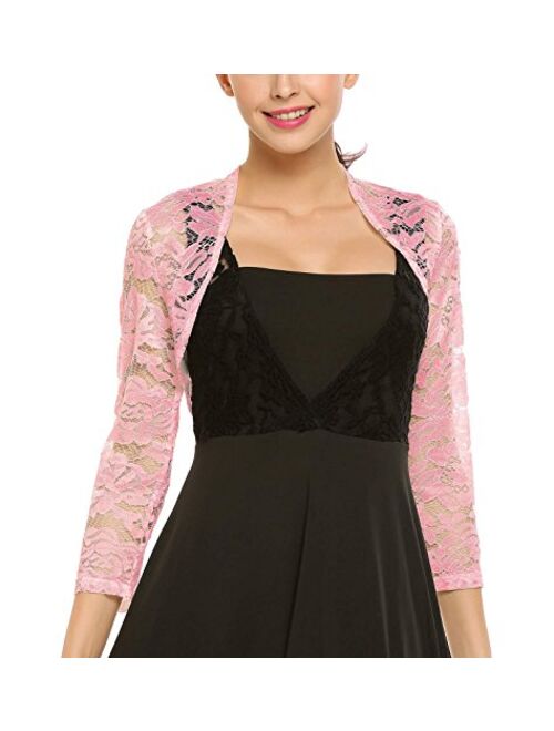 Grabsa Womens 3 4 Sleeve Lace Shrugs Bolero Cardigan Crochet Sheer Crop Jacket