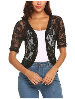 URRU Women's Lace Crochet Cardigan Ruffle Half Sleeve Open Front Casual Bolero Shrug S-XXL