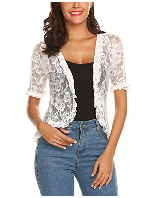 URRU Women's Lace Crochet Cardigan Ruffle Half Sleeve Open Front Casual Bolero Shrug S-XXL