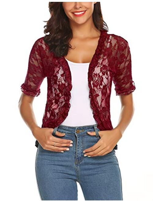 URRU Women's Lace Crochet Cardigan Ruffle Half Sleeve Open Front Casual Bolero Shrug S-XXL