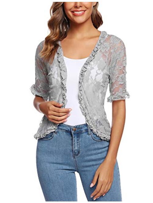 URRU Women's Lace Crochet Cardigan Ruffle Half Sleeve Open Front Casual Bolero Shrug S-XXL