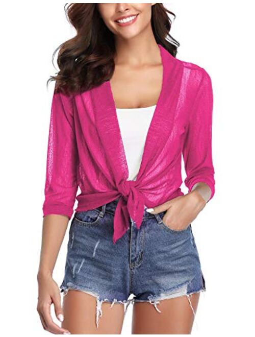 iClosam Womens Sheer Shrug Tie Front 3/4 Sleeve Cropped Bolero Cardigan