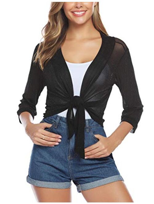 iClosam Womens Sheer Shrug Tie Front 3/4 Sleeve Cropped Bolero Cardigan